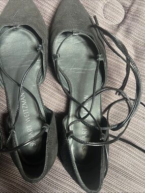 Stuart Weitzman Black Suede Pointed Lace-Up Flats with Ankle Ties